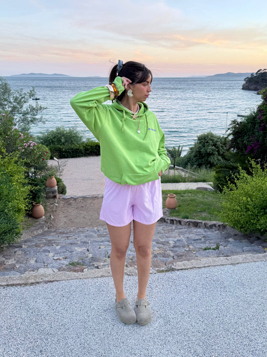 Short fluide rayé rose et blanc brodé