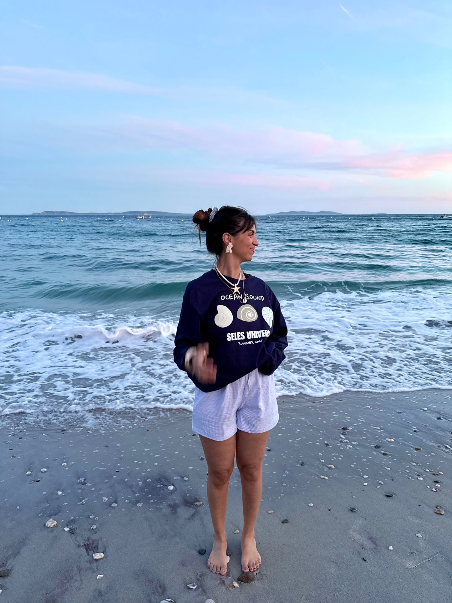 T-shirt longues manches bleu nuit "coquillage"