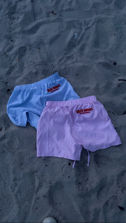 Short fluide rayé rose et blanc brodé