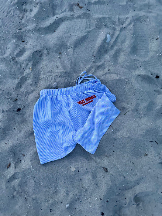 Short fluide rayé bleu et blanc brodé
